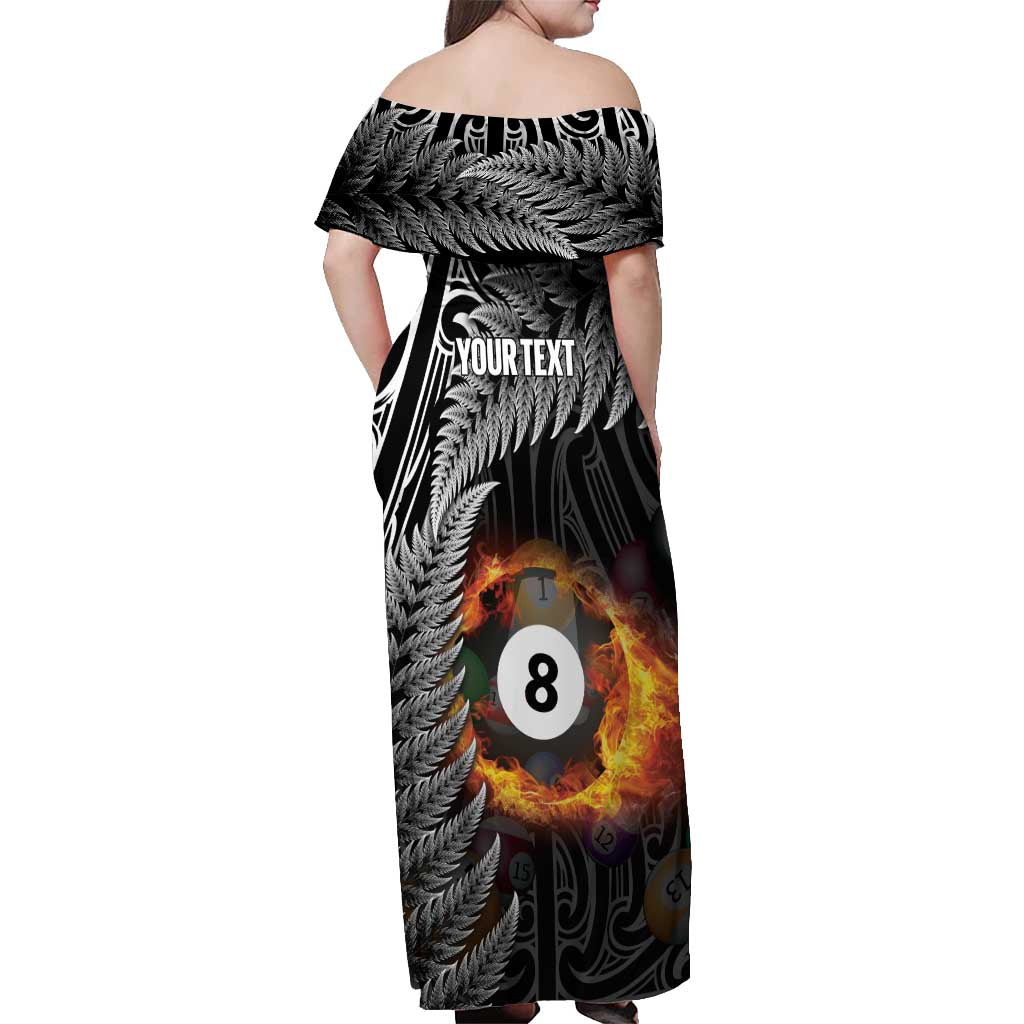 Personalised New Zealand Billiards Off Shoulder Maxi Dress Maori Fern On Fire 8 Ball - Aussie Hoodie