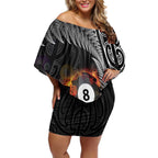 Personalised New Zealand Billiards Off Shoulder Short Dress Maori Fern On Fire 8 Ball - Aussie Hoodie