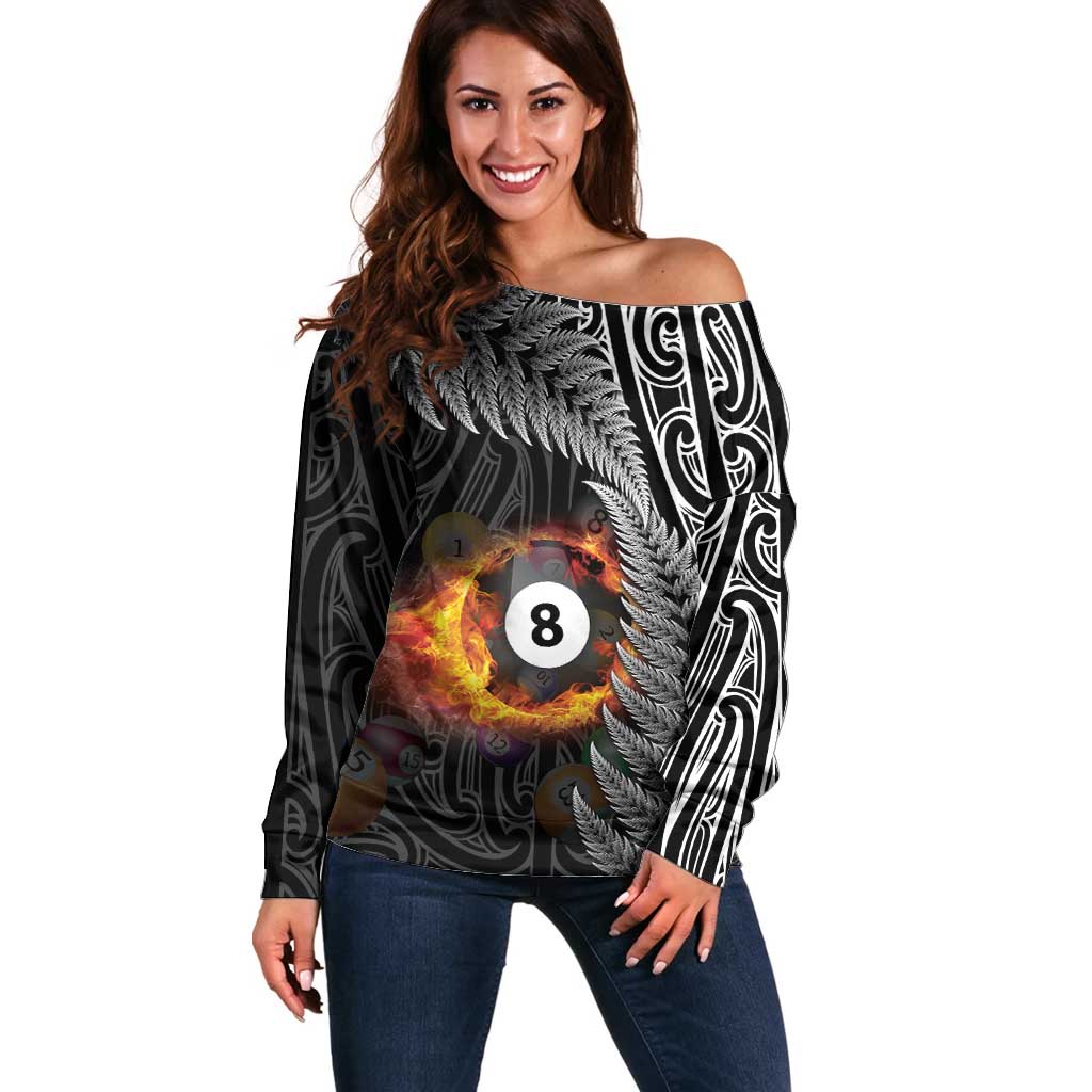Personalised New Zealand Billiards Off Shoulder Sweater Maori Fern On Fire 8 Ball - Aussie Hoodie