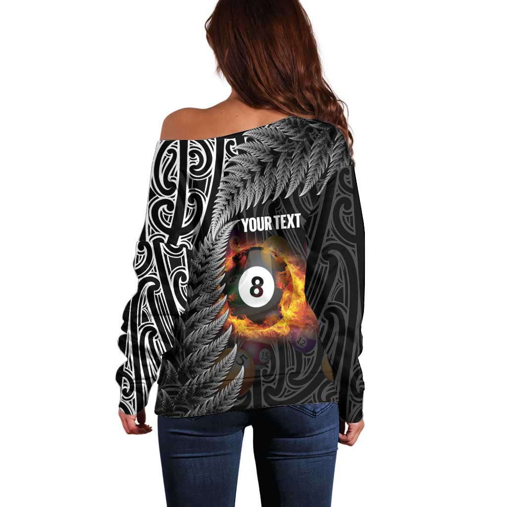 Personalised New Zealand Billiards Off Shoulder Sweater Maori Fern On Fire 8 Ball - Aussie Hoodie