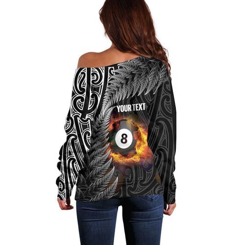 Personalised New Zealand Billiards Off Shoulder Sweater Maori Fern On Fire 8 Ball - Aussie Hoodie