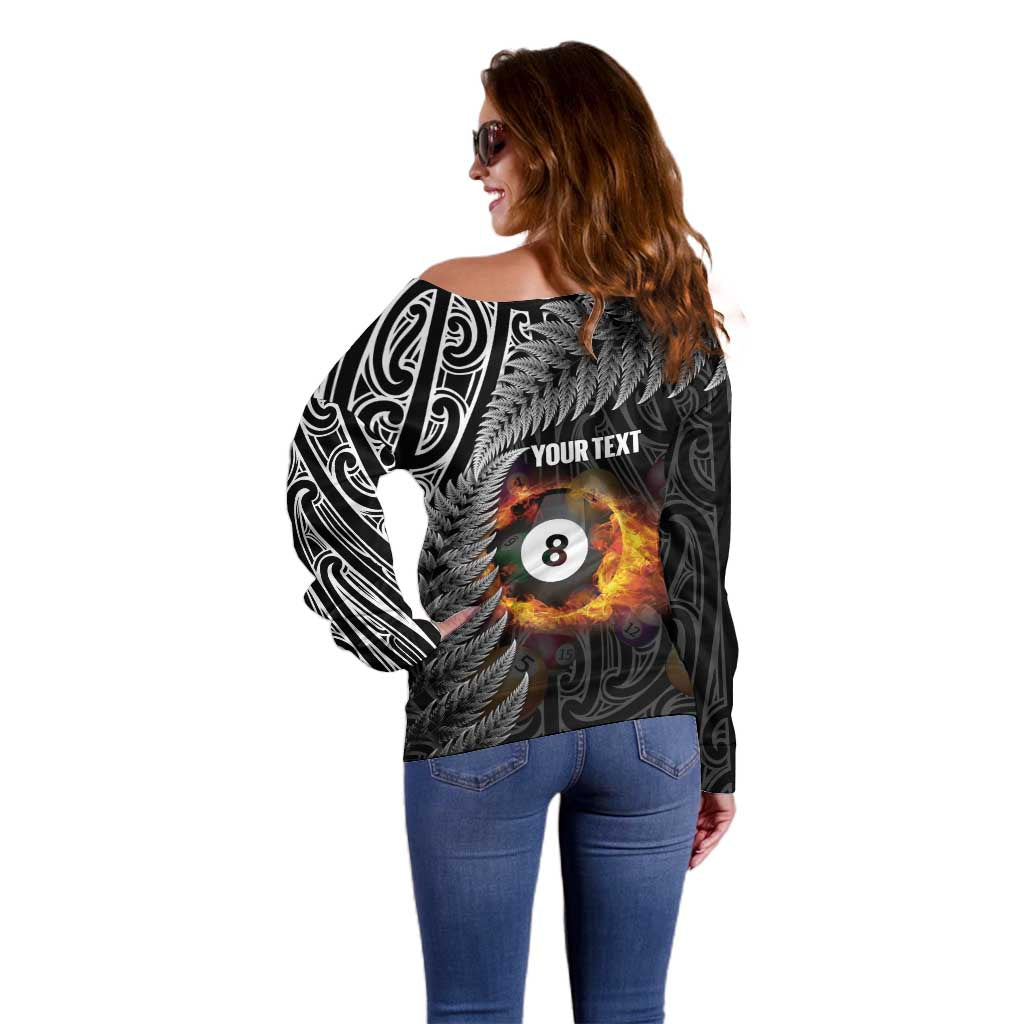 Personalised New Zealand Billiards Off Shoulder Sweater Maori Fern On Fire 8 Ball - Aussie Hoodie