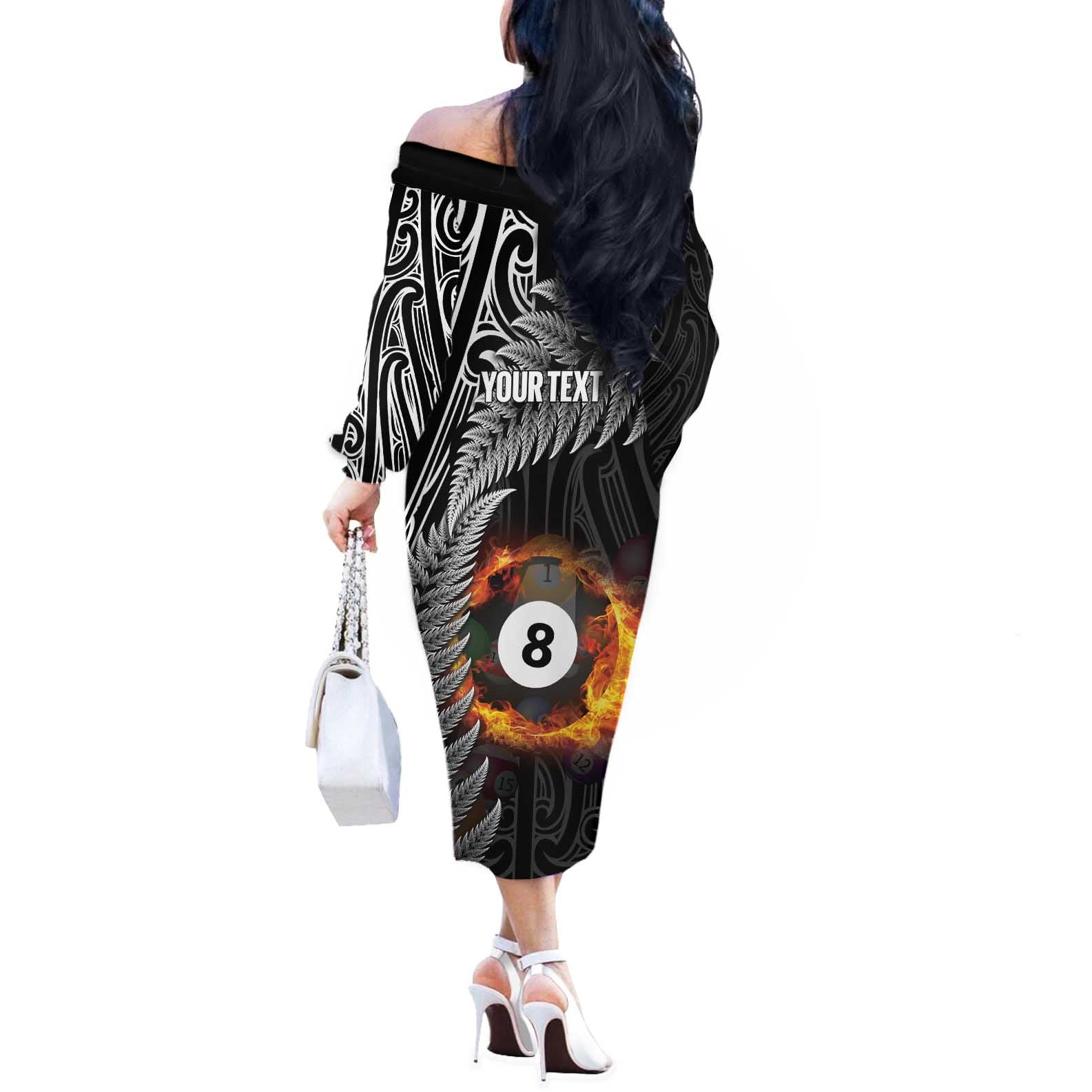 Personalised New Zealand Billiards Off The Shoulder Long Sleeve Dress Maori Fern On Fire 8 Ball - Aussie Hoodie