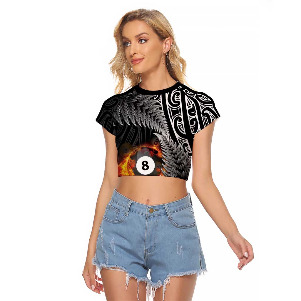 Personalised New Zealand Billiards Raglan Cropped T Shirt Maori Fern On Fire 8 Ball - Aussie Hoodie