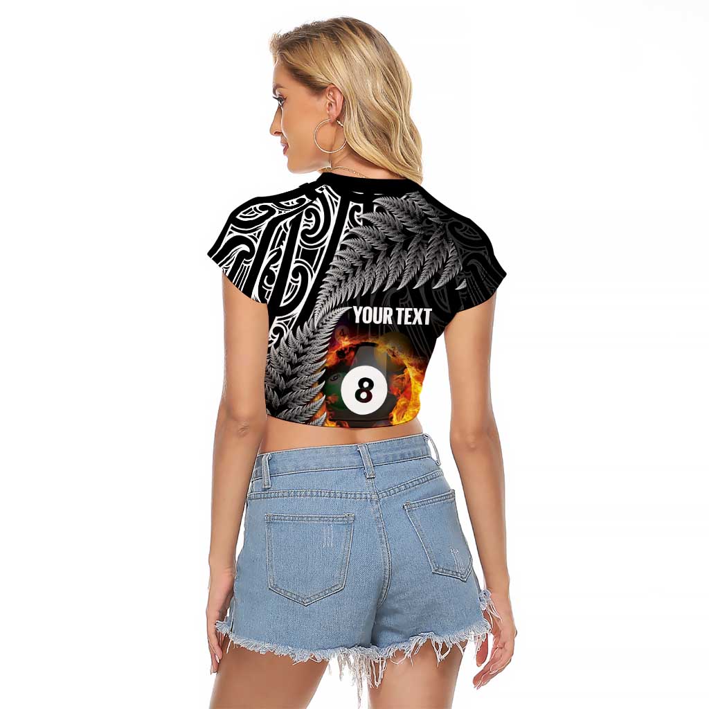 Personalised New Zealand Billiards Raglan Cropped T Shirt Maori Fern On Fire 8 Ball - Aussie Hoodie