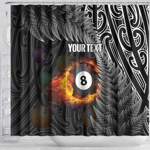 Personalised New Zealand Billiards Shower Curtain Maori Fern On Fire 8 Ball - Aussie Hoodie