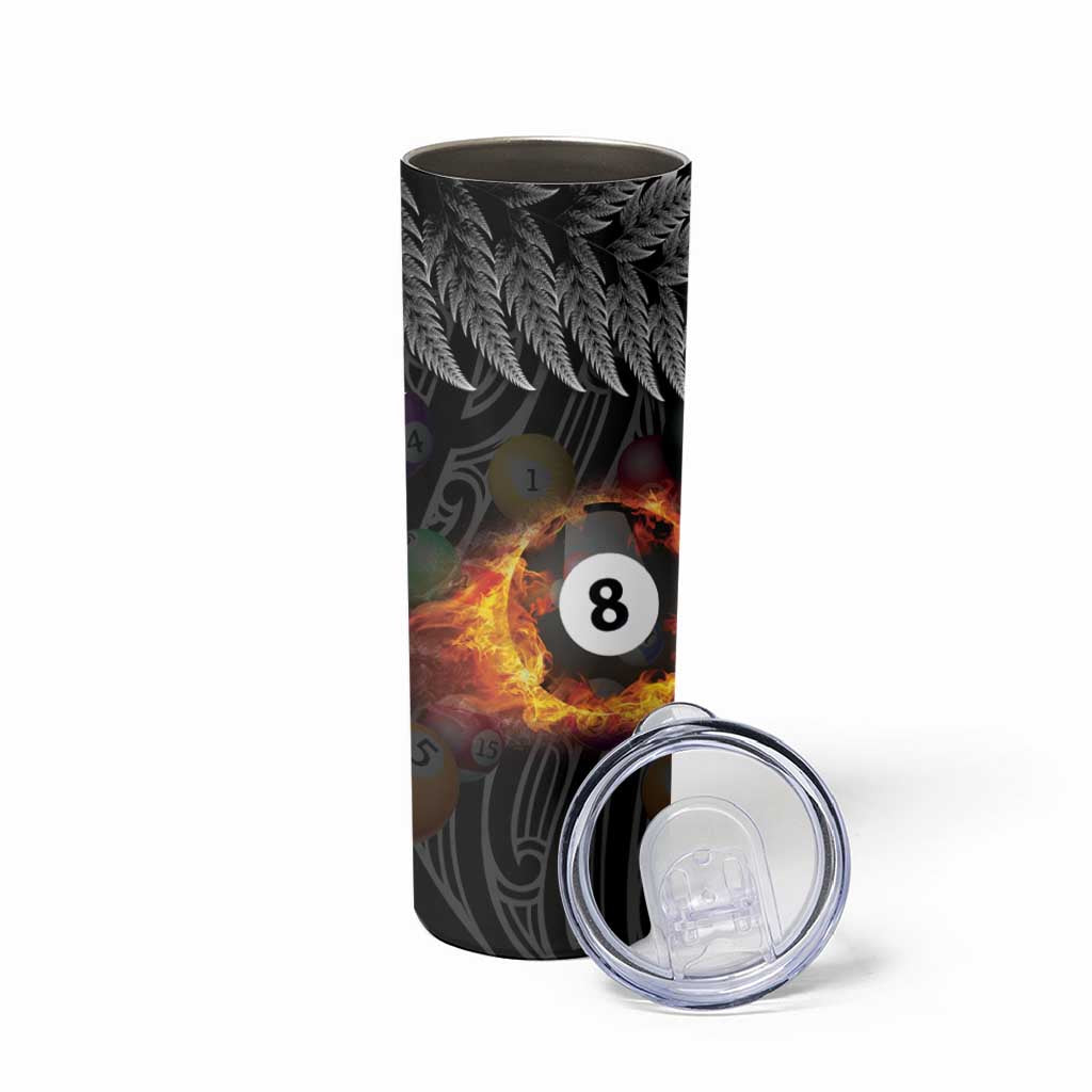 Personalised New Zealand Billiards Skinny Tumbler Maori Fern On Fire 8 Ball - Aussie Hoodie