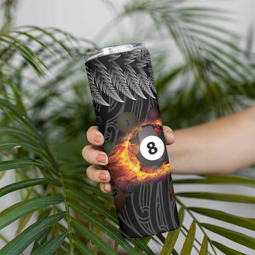 Personalised New Zealand Billiards Skinny Tumbler Maori Fern On Fire 8 Ball - Aussie Hoodie