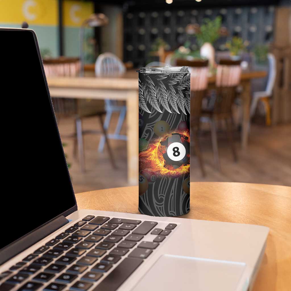 Personalised New Zealand Billiards Skinny Tumbler Maori Fern On Fire 8 Ball - Aussie Hoodie