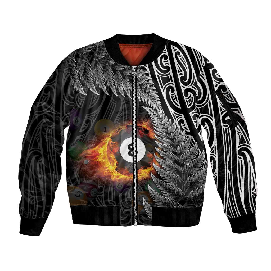 Personalised New Zealand Billiards Sleeve Zip Bomber Jacket Maori Fern On Fire 8 Ball - Aussie Hoodie