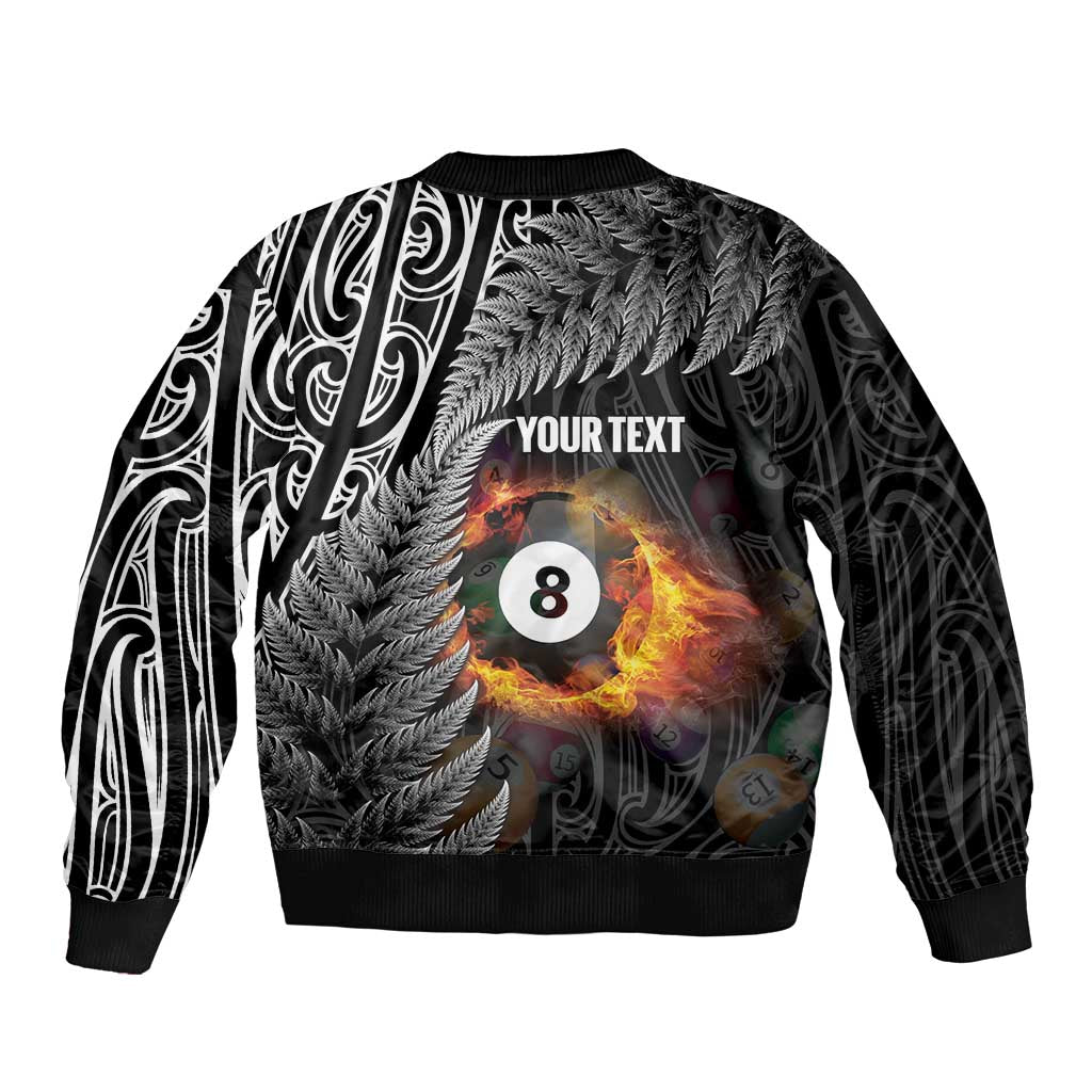 Personalised New Zealand Billiards Sleeve Zip Bomber Jacket Maori Fern On Fire 8 Ball - Aussie Hoodie