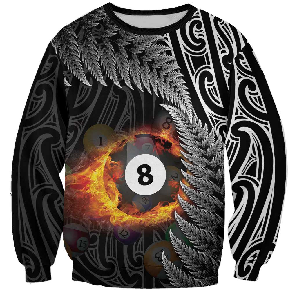 Personalised New Zealand Billiards Sweatshirt Maori Fern On Fire 8 Ball - Aussie Hoodie