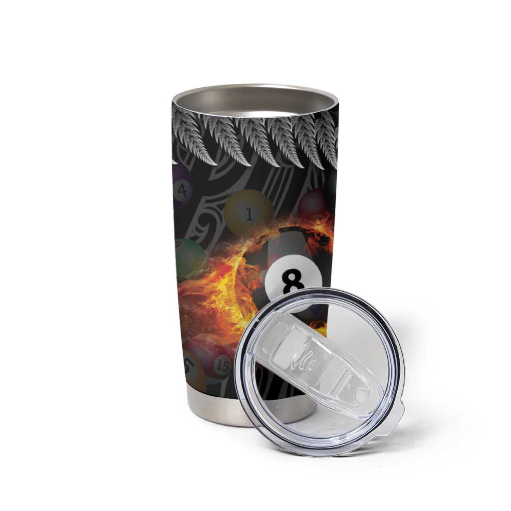 Personalised New Zealand Billiards Tumbler Cup Maori Fern On Fire 8 Ball - Aussie Hoodie