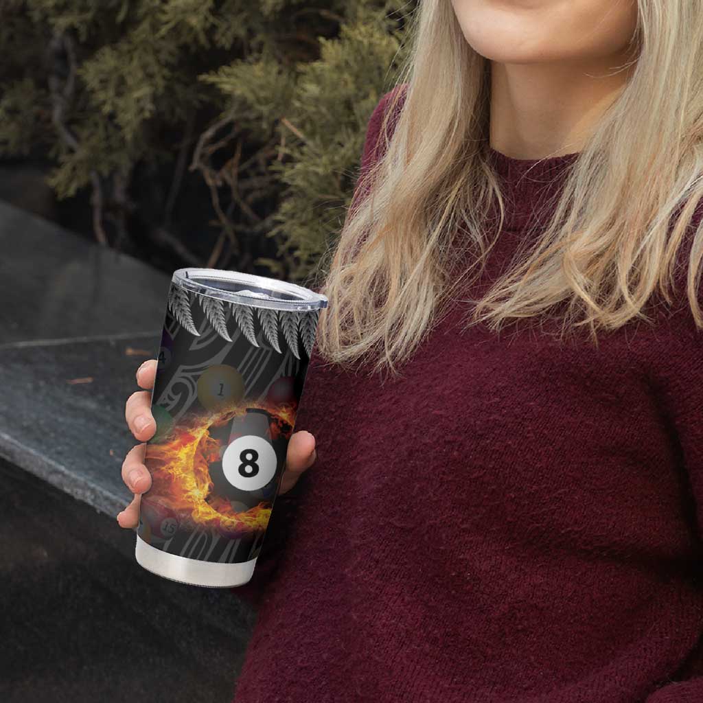 Personalised New Zealand Billiards Tumbler Cup Maori Fern On Fire 8 Ball - Aussie Hoodie