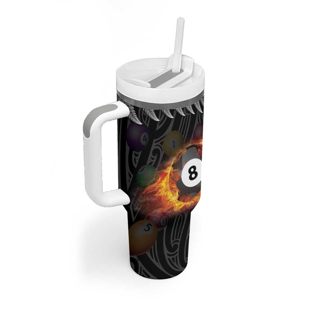 Personalised New Zealand Billiards Tumbler With Handle Maori Fern On Fire 8 Ball - Aussie Hoodie