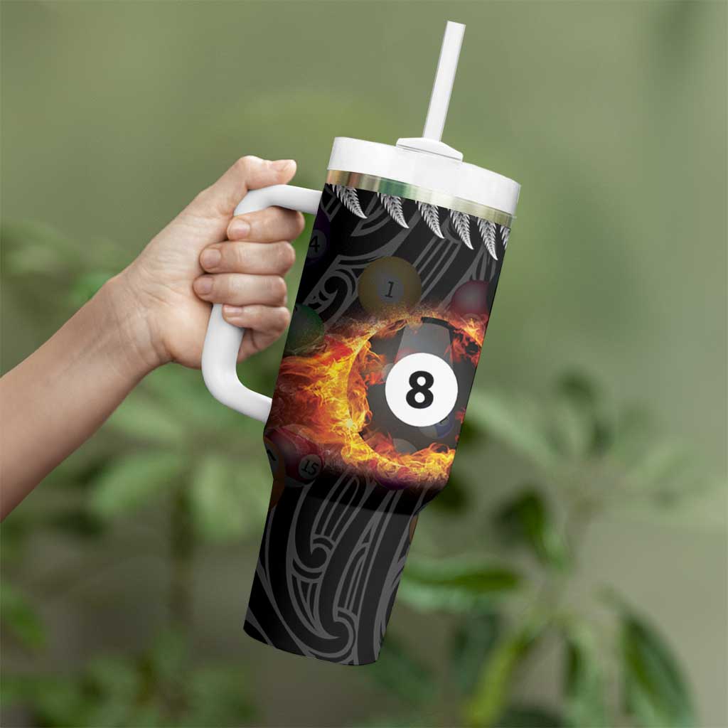 Personalised New Zealand Billiards Tumbler With Handle Maori Fern On Fire 8 Ball - Aussie Hoodie