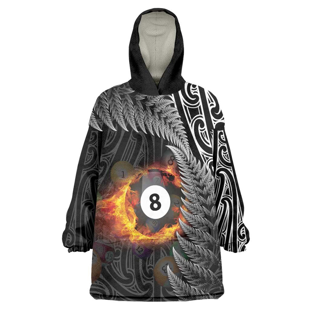 Personalised New Zealand Billiards Wearable Blanket Hoodie Maori Fern On Fire 8 Ball - Aussie Hoodie