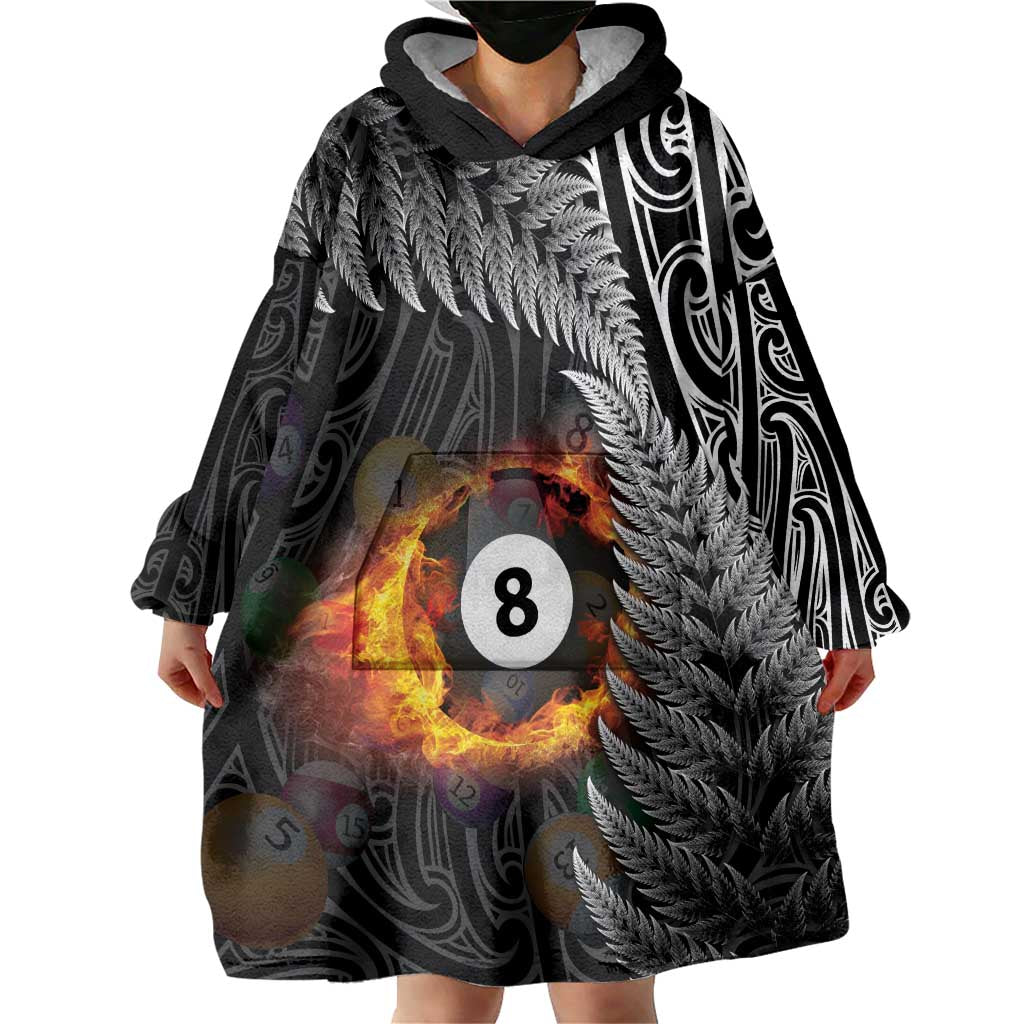 Personalised New Zealand Billiards Wearable Blanket Hoodie Maori Fern On Fire 8 Ball - Aussie Hoodie