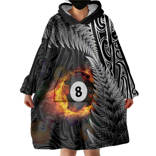 Personalised New Zealand Billiards Wearable Blanket Hoodie Maori Fern On Fire 8 Ball - Aussie Hoodie