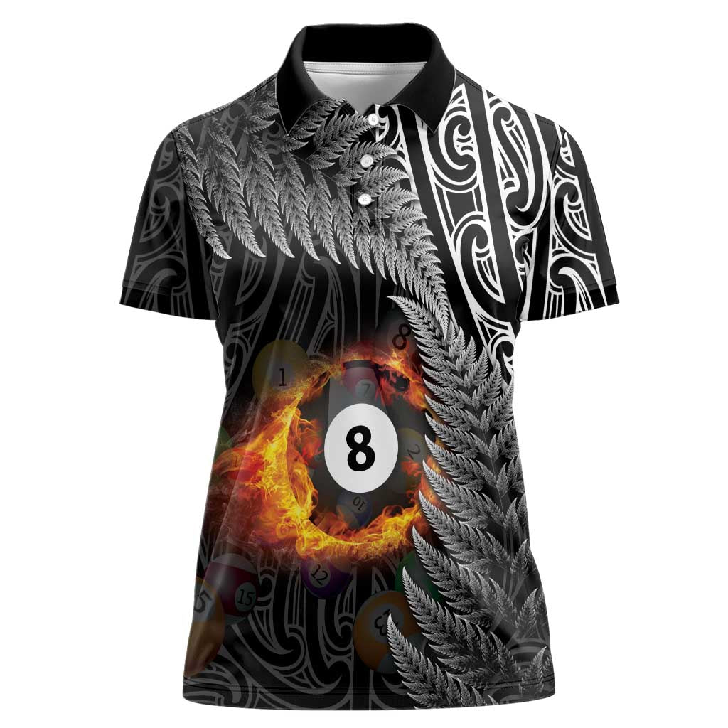 Personalised New Zealand Billiards Women Polo Shirt Maori Fern On Fire 8 Ball - Aussie Hoodie