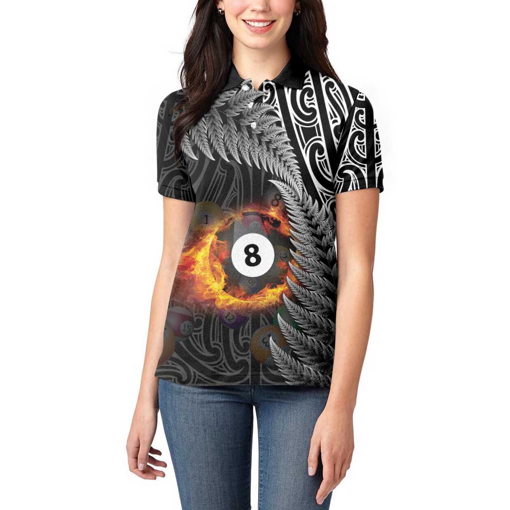 Personalised New Zealand Billiards Women Polo Shirt Maori Fern On Fire 8 Ball - Aussie Hoodie