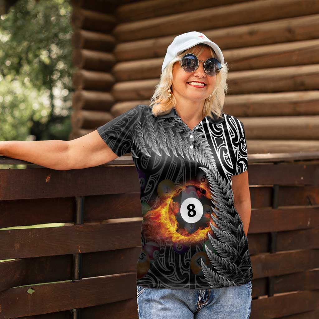 Personalised New Zealand Billiards Women Polo Shirt Maori Fern On Fire 8 Ball - Aussie Hoodie