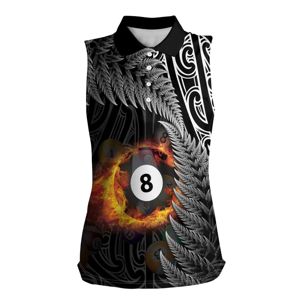 Personalised New Zealand Billiards Women Sleeveless Polo Shirt Maori Fern On Fire 8 Ball - Aussie Hoodie