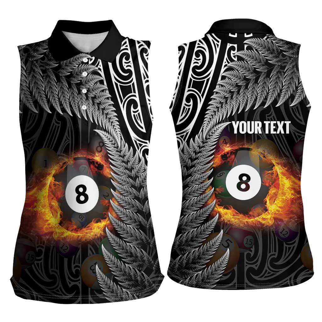 Personalised New Zealand Billiards Women Sleeveless Polo Shirt Maori Fern On Fire 8 Ball - Aussie Hoodie