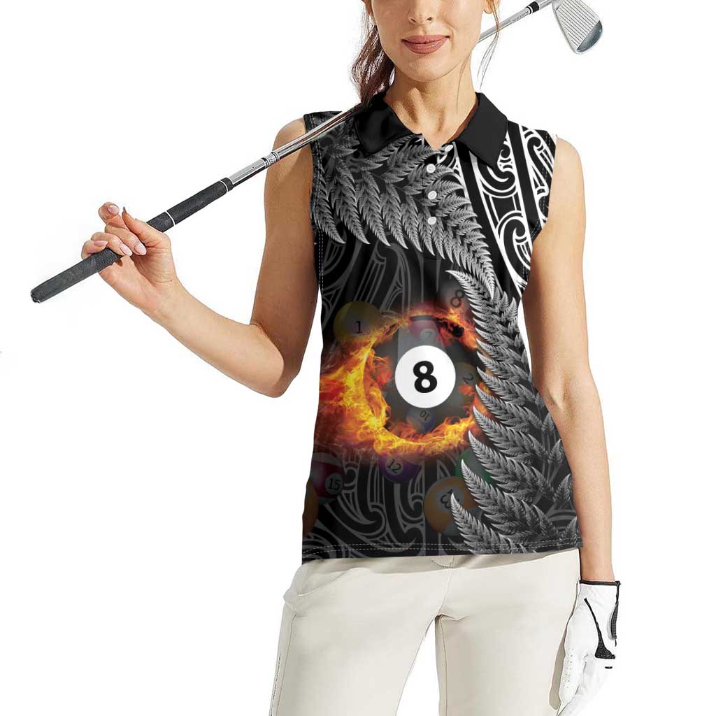Personalised New Zealand Billiards Women Sleeveless Polo Shirt Maori Fern On Fire 8 Ball - Aussie Hoodie