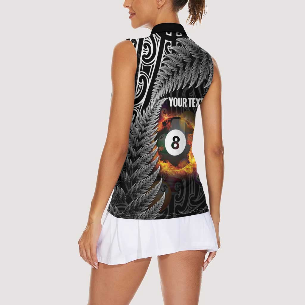 Personalised New Zealand Billiards Women Sleeveless Polo Shirt Maori Fern On Fire 8 Ball - Aussie Hoodie