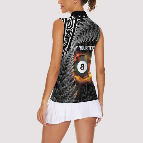 Personalised New Zealand Billiards Women Sleeveless Polo Shirt Maori Fern On Fire 8 Ball - Aussie Hoodie