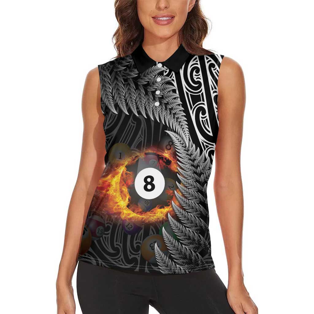 Personalised New Zealand Billiards Women Sleeveless Polo Shirt Maori Fern On Fire 8 Ball - Aussie Hoodie