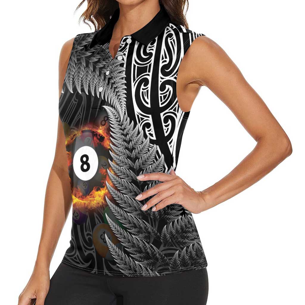 Personalised New Zealand Billiards Women Sleeveless Polo Shirt Maori Fern On Fire 8 Ball - Aussie Hoodie