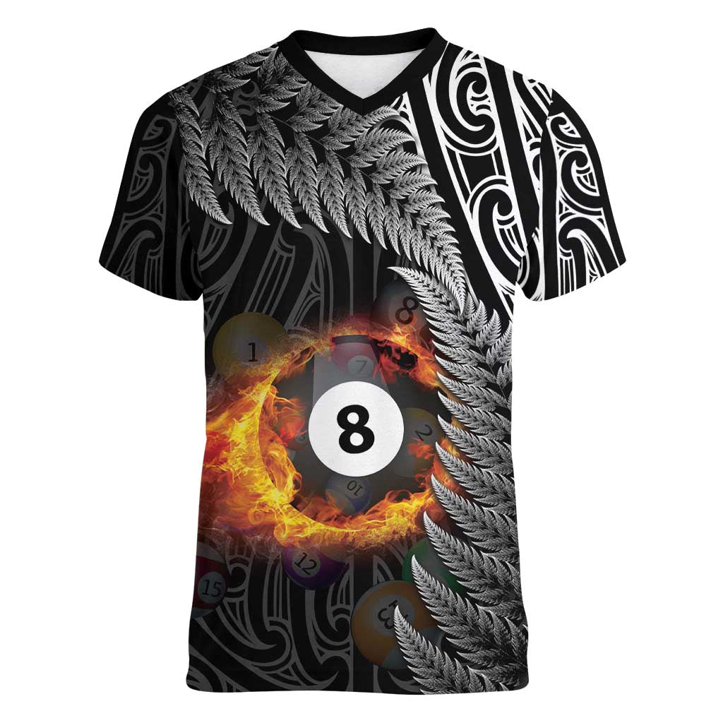 Personalised New Zealand Billiards Women V-Neck T-Shirt Maori Fern On Fire 8 Ball - Aussie Hoodie