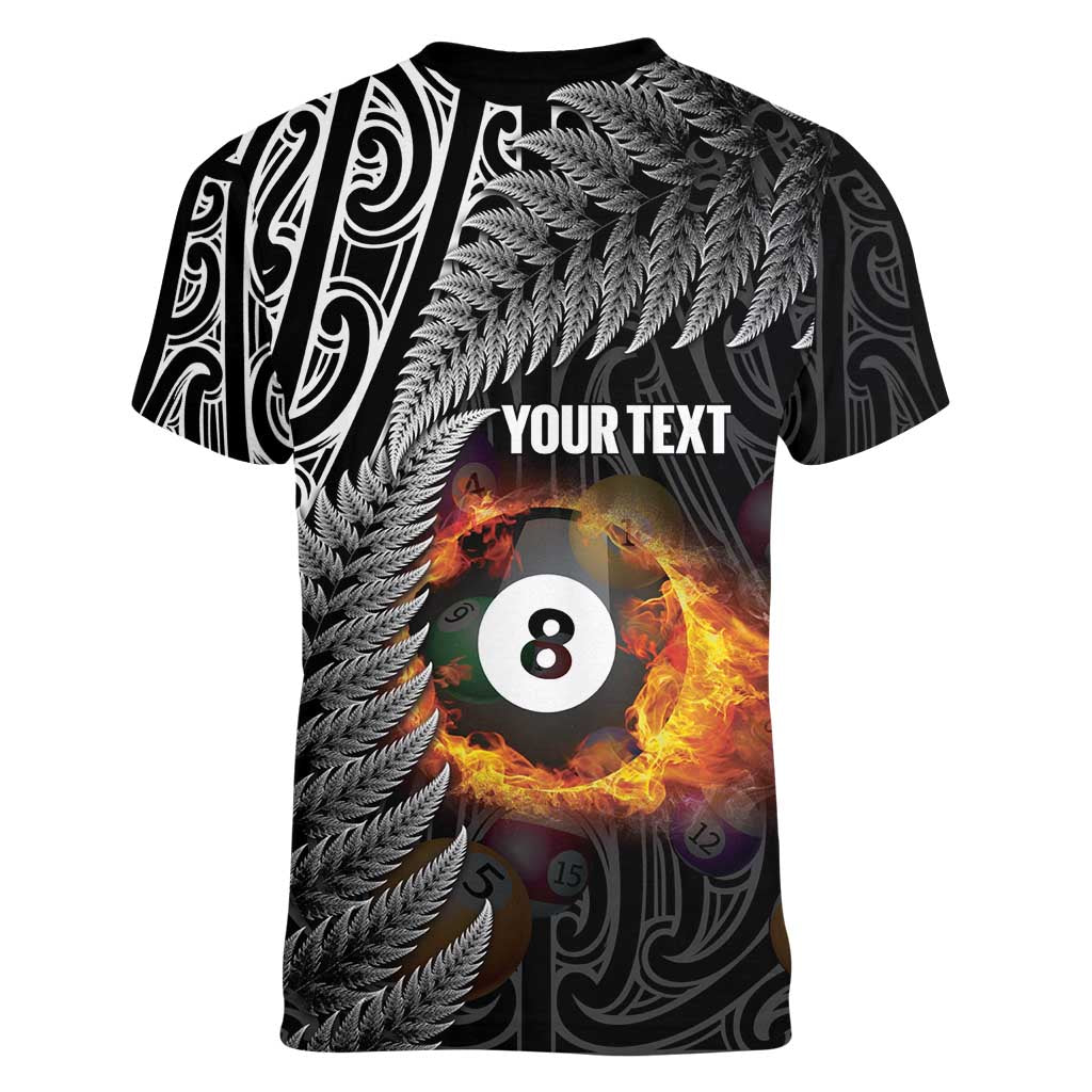 Personalised New Zealand Billiards Women V-Neck T-Shirt Maori Fern On Fire 8 Ball - Aussie Hoodie