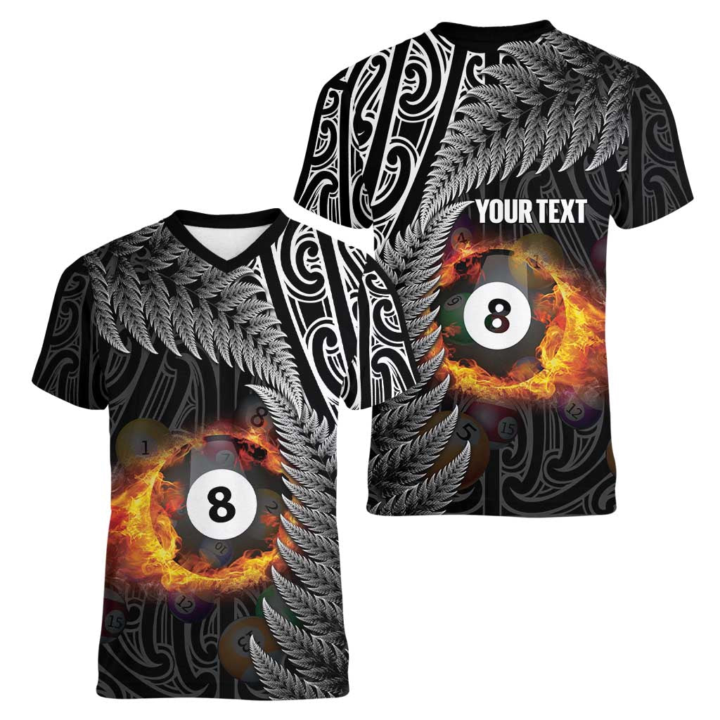 Personalised New Zealand Billiards Women V-Neck T-Shirt Maori Fern On Fire 8 Ball - Aussie Hoodie