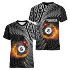 Personalised New Zealand Billiards Women V-Neck T-Shirt Maori Fern On Fire 8 Ball - Aussie Hoodie