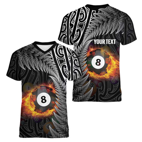 Personalised New Zealand Billiards Women V-Neck T-Shirt Maori Fern On Fire 8 Ball - Aussie Hoodie