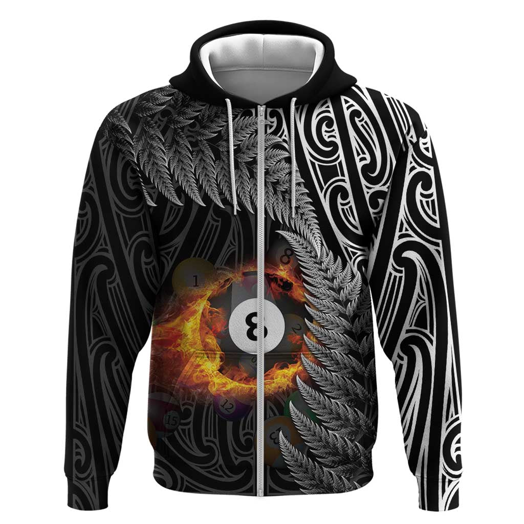 Personalised New Zealand Billiards Zip Hoodie Maori Fern On Fire 8 Ball - Aussie Hoodie