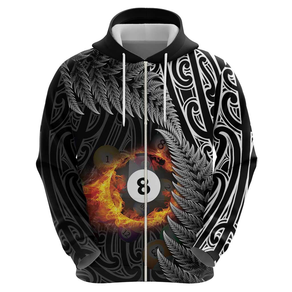 Personalised New Zealand Billiards Zip Hoodie Maori Fern On Fire 8 Ball - Aussie Hoodie