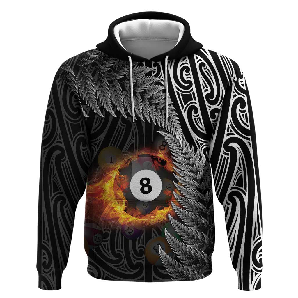 Personalised New Zealand Billiards Zip Hoodie Maori Fern On Fire 8 Ball - Aussie Hoodie