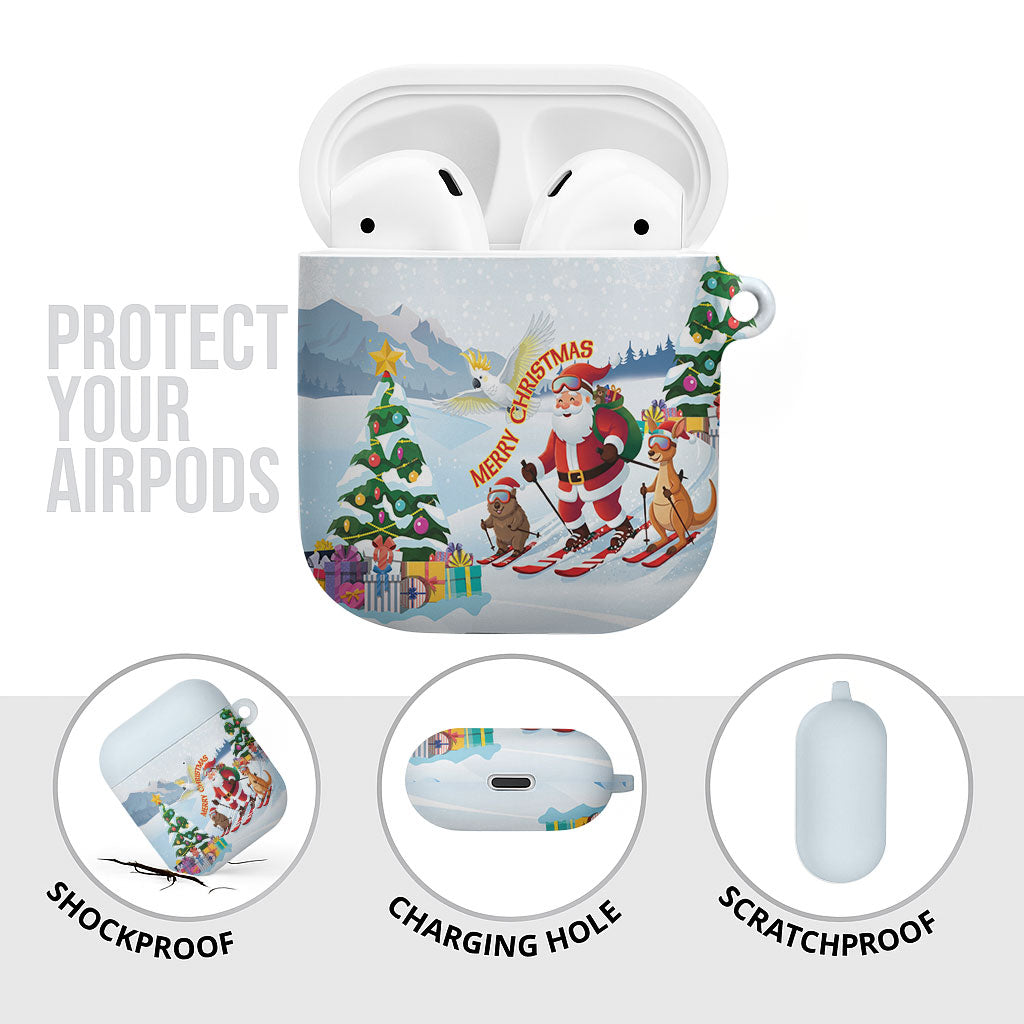 Merry Christmas Australia AirPods Case Funny Aussie Animals Santa Skiing