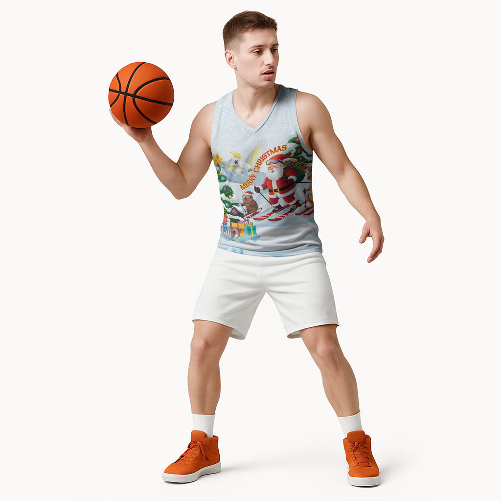 Merry Christmas Australia Basketball Jersey Funny Aussie Animals Santa Skiing