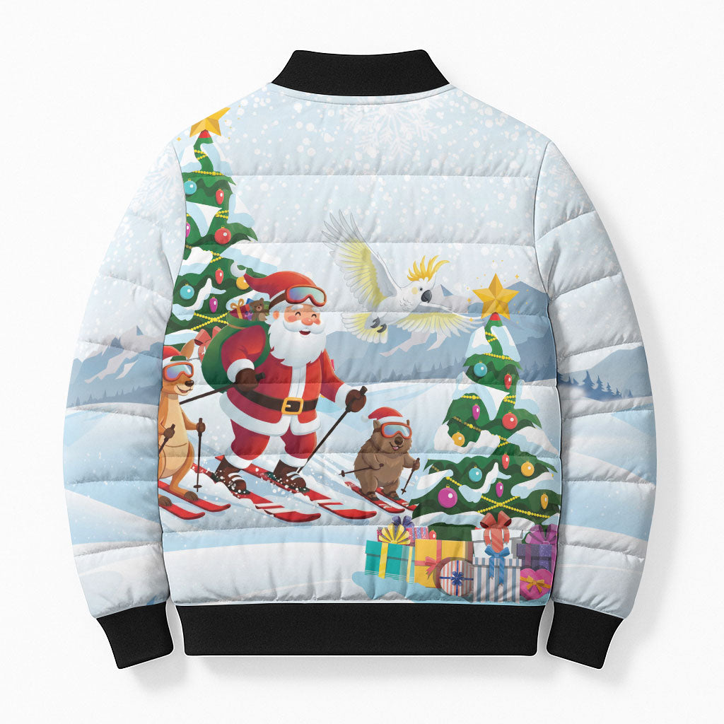 Merry Christmas Australia Bomber Puffer Jacket Funny Aussie Animals Santa Skiing