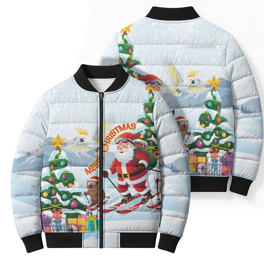 Merry Christmas Australia Bomber Puffer Jacket Funny Aussie Animals Santa Skiing