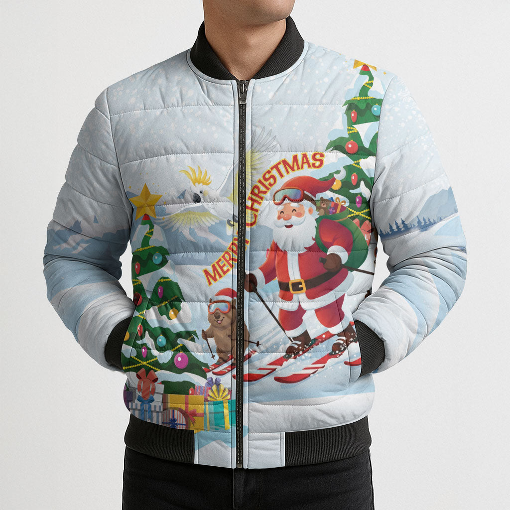 Merry Christmas Australia Bomber Puffer Jacket Funny Aussie Animals Santa Skiing