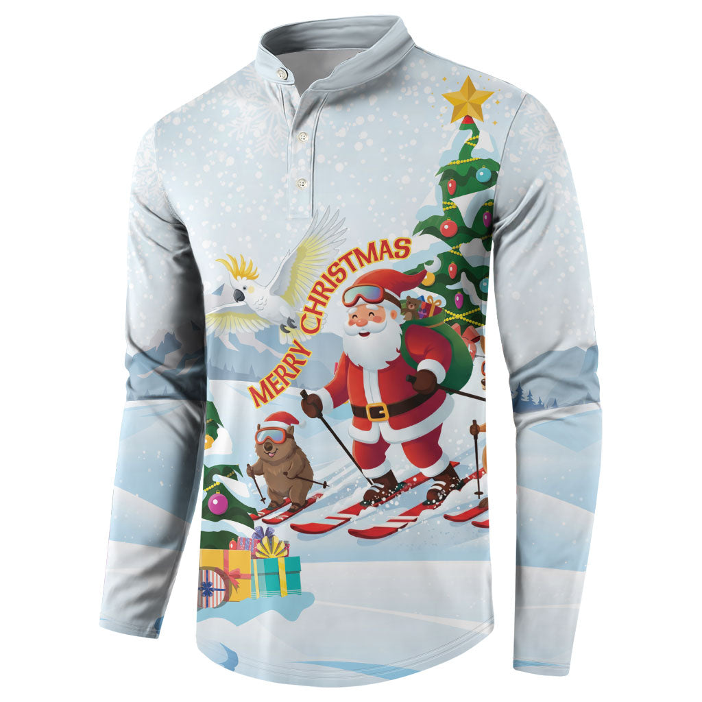 Merry Christmas Australia Button Sweatshirt Funny Aussie Animals Santa Skiing