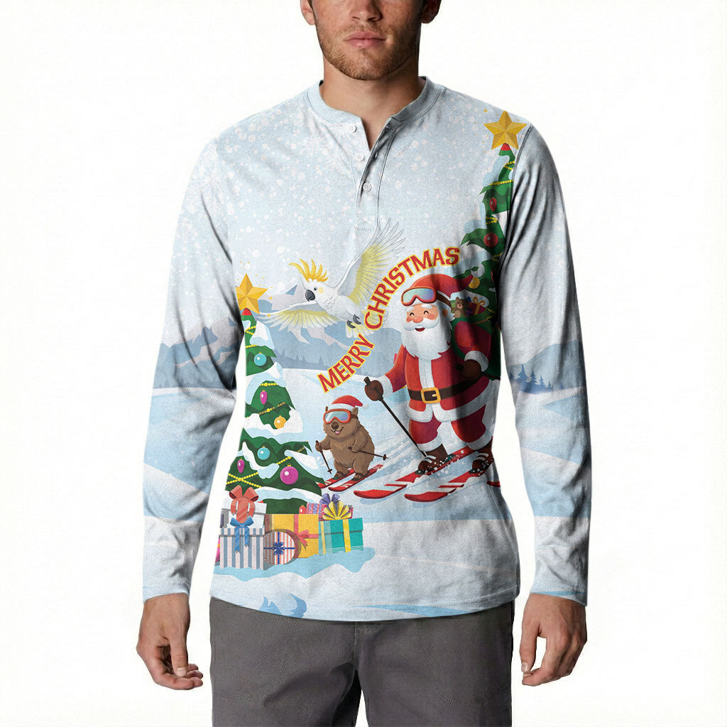 Merry Christmas Australia Button Sweatshirt Funny Aussie Animals Santa Skiing