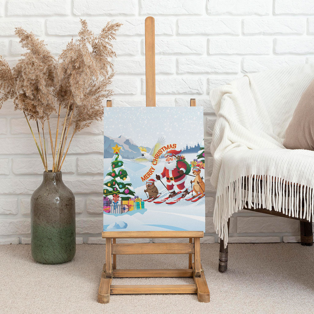 Merry Christmas Australia Canvas Wall Art Funny Aussie Animals Santa Skiing