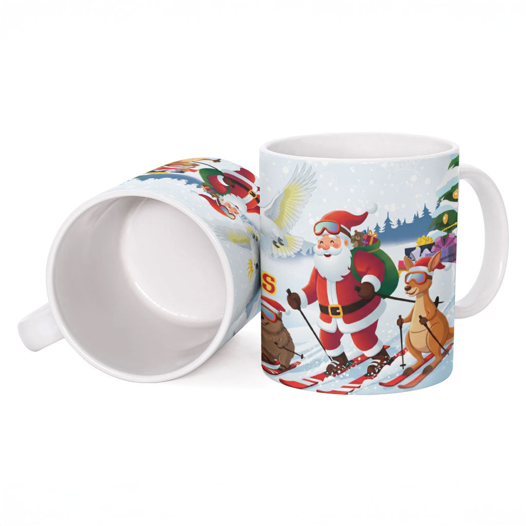 Merry Christmas Australia Ceramic Mug Funny Aussie Animals Santa Skiing